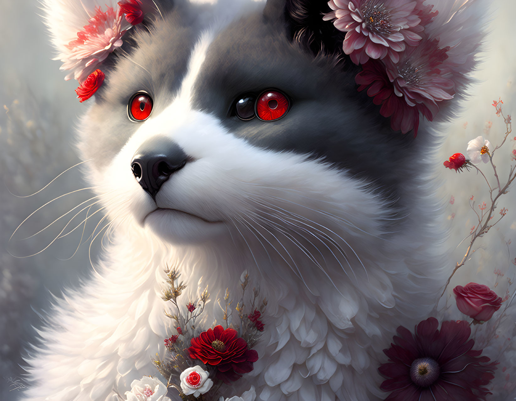 Fantastical white and gray feline with red eyes in ethereal floral setting