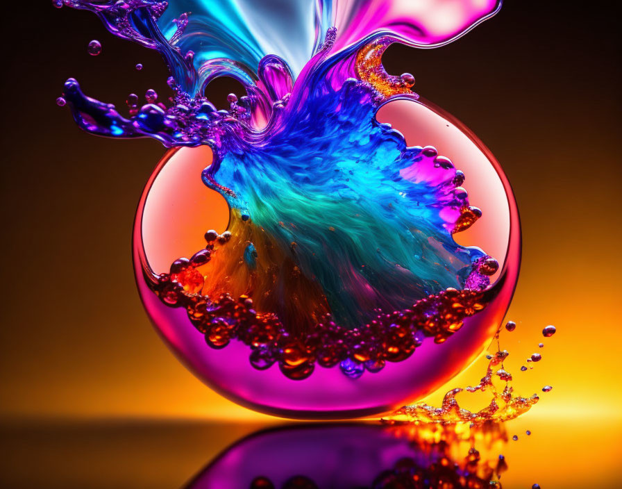 Colorful glass sphere with blue and purple hues on orange background