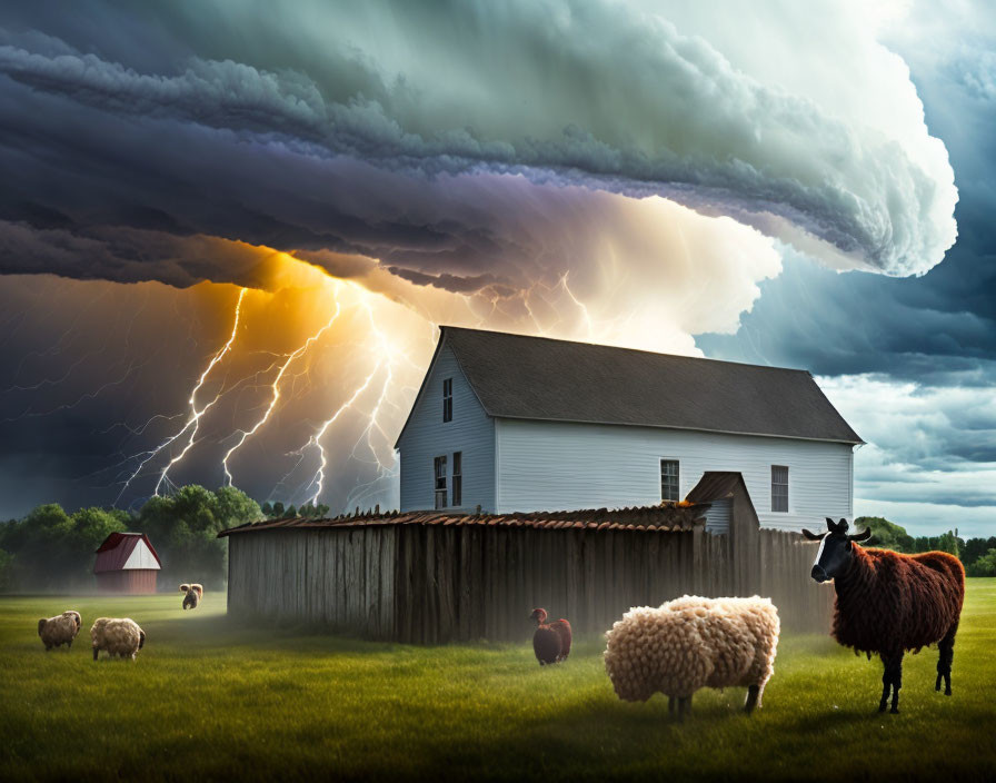 Rural scene with storm, lightning, animals, and farm buildings