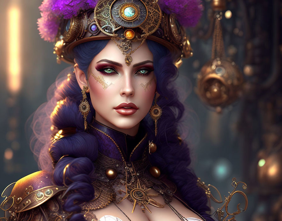 Violet-haired woman with golden headdress and fantasy makeup against blurred backdrop