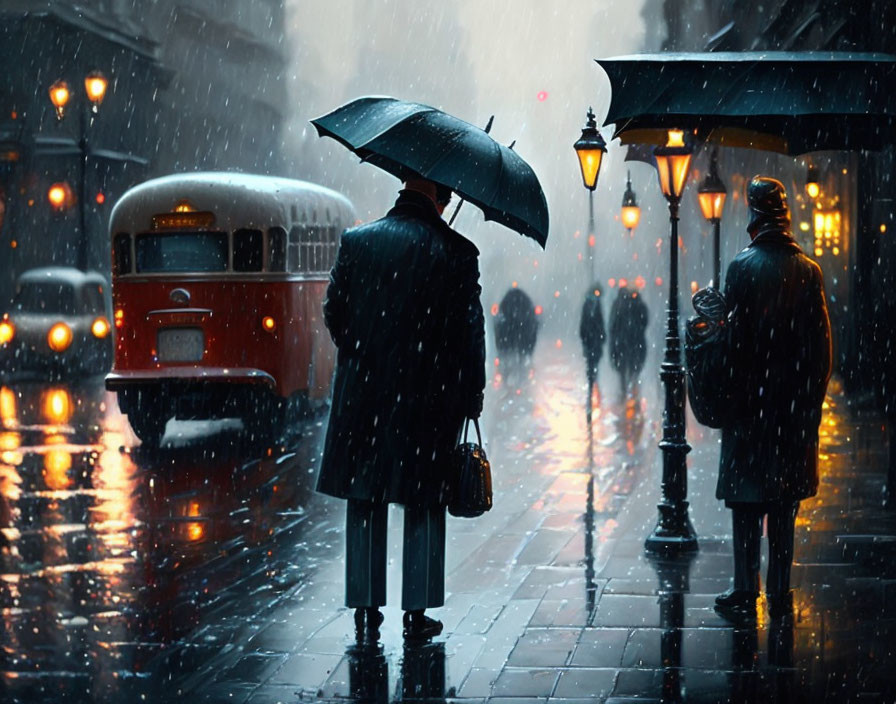 Rainy night scene: Two people with umbrellas on gleaming street, vintage lamps, red bus