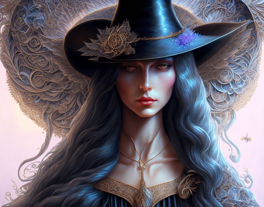 Detailed illustration: Woman with long blue hair, fair skin, embellished wide-brimmed hat,