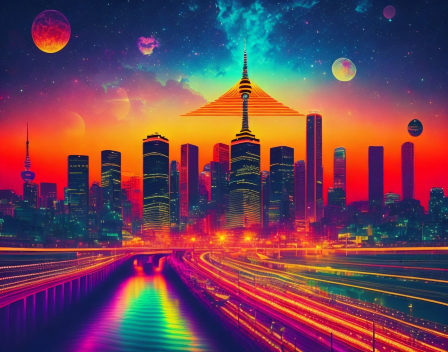 Futuristic cityscape at night with neon lights and fantastical planets