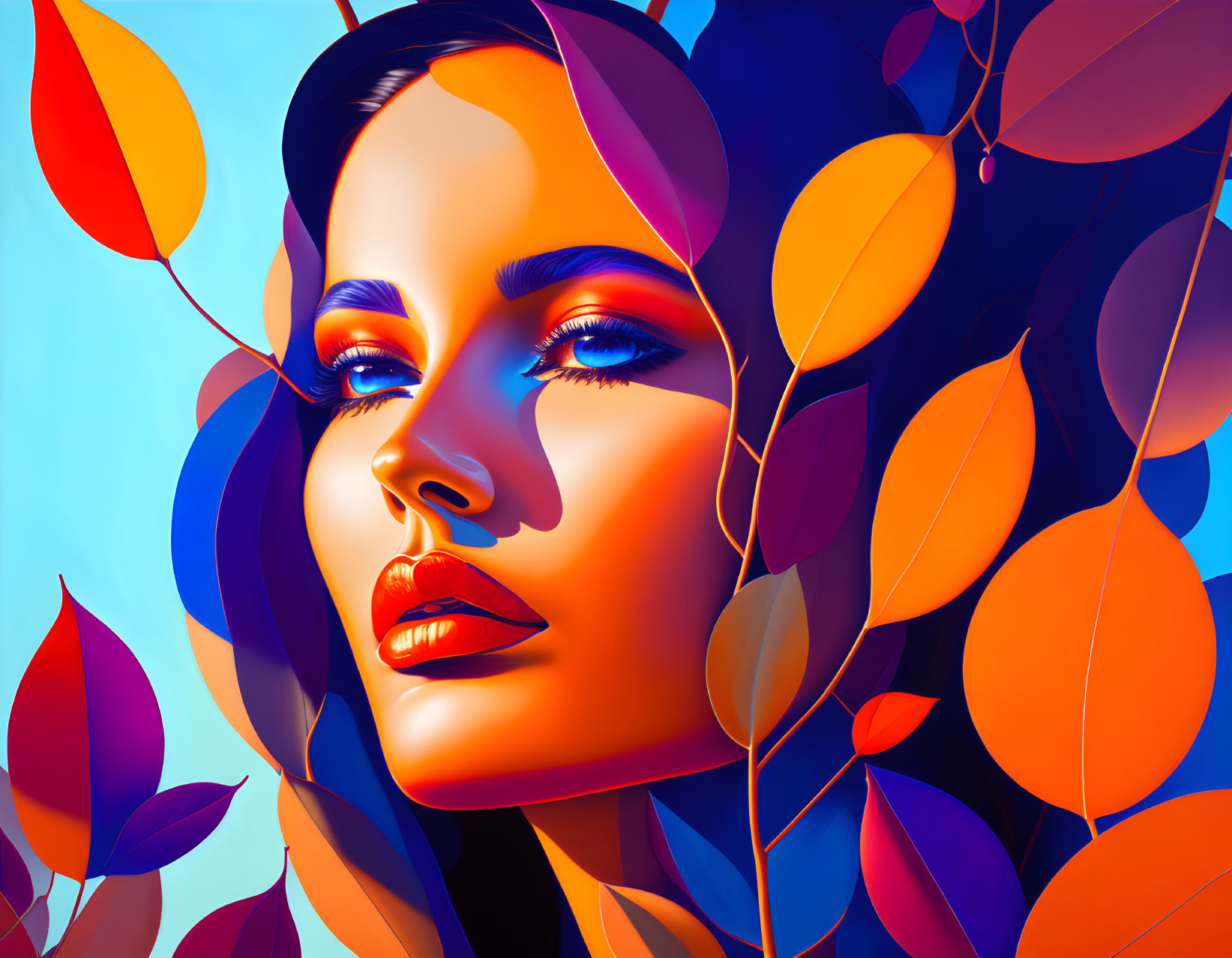 Colorful digital portrait of a woman with bright blue and orange hues.