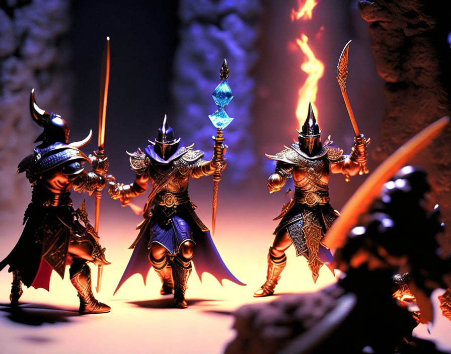 Three Fantasy Knights in Ornate Armor with Weapons and Glowing Blue Crystal