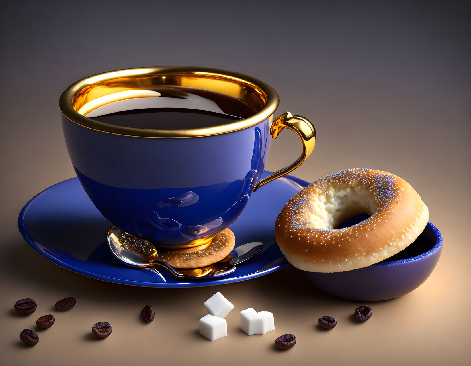 Steaming coffee cup with donut, sugar cubes, spoon, and beans on brown surface