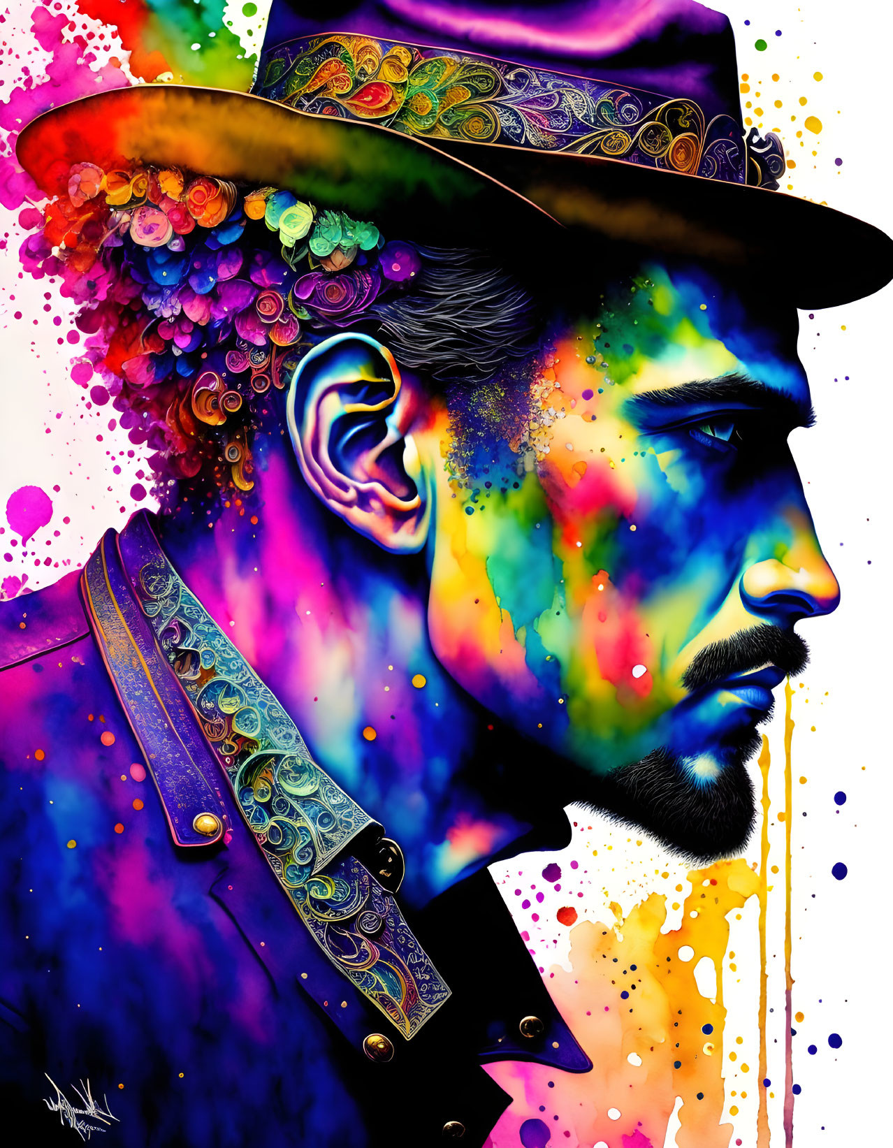 Colorful portrait of a man with hat, showcasing paint splatters and floral motifs.