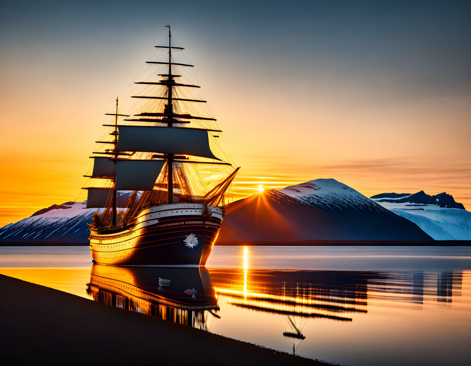 Tall Ship Docked at Sunset with Mountain Backdrop