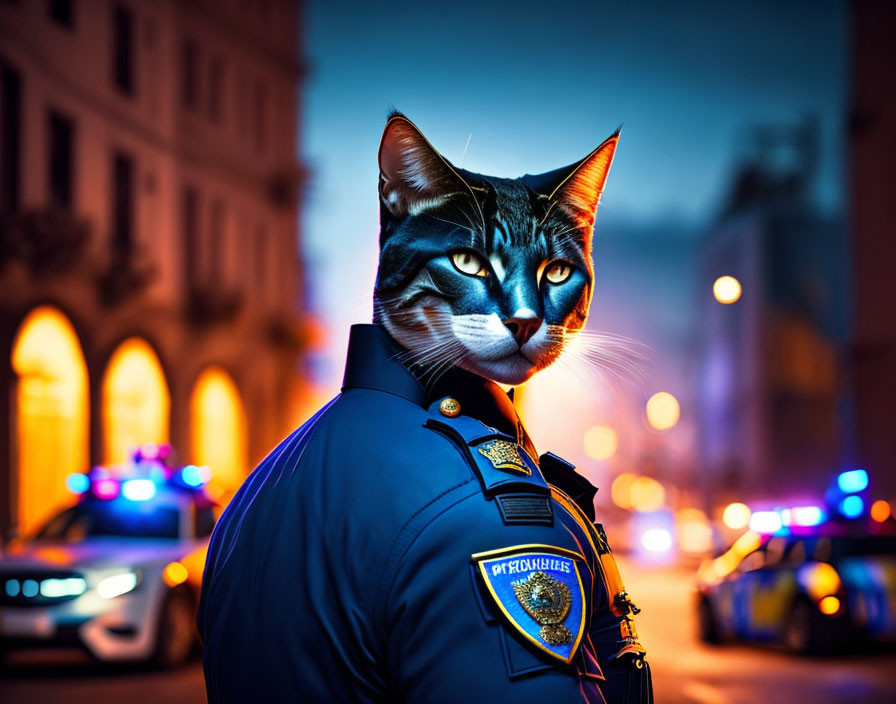 Cat with human body in police uniform at twilight with patrol cars