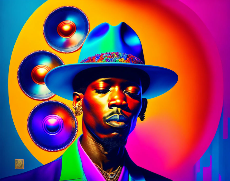 Colorful digital art: Man in hat and suit with abstract circles on psychedelic background