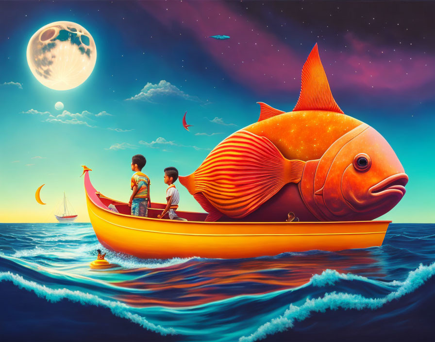 Fantasy art of two people sailing on a giant fish through celestial seas