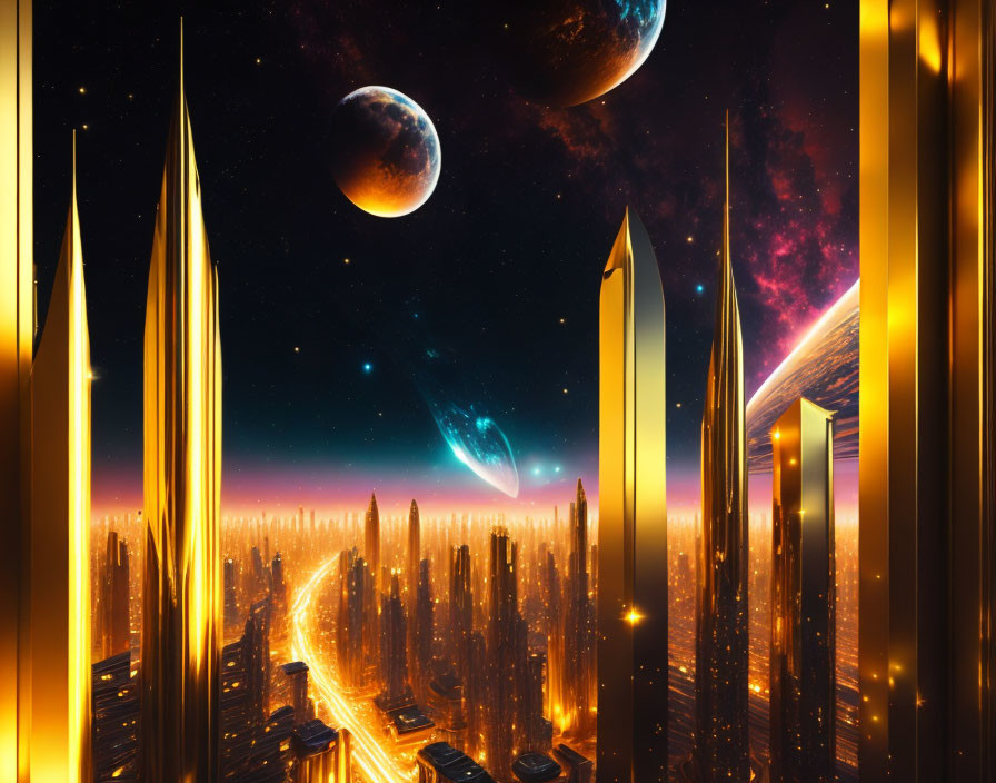 Golden skyscrapers in futuristic cityscape at sunset.