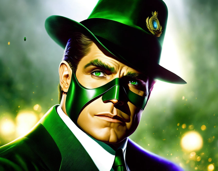 Man in Green Suit and Mask with Fedora: Classic Superhero Illustration