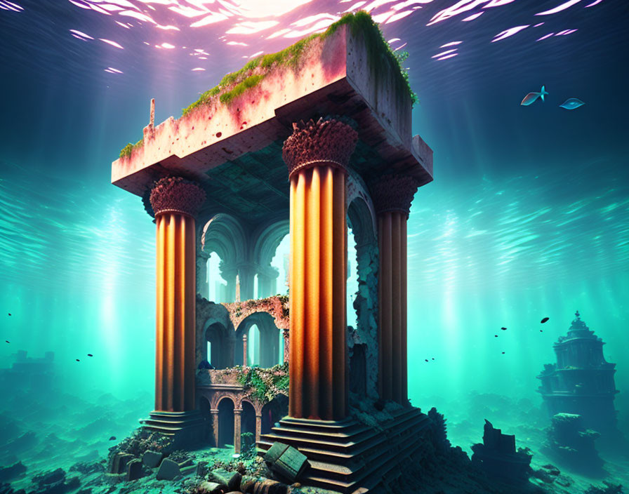 Underwater scene with ancient ruins, columns, algae, fish, and light beams.