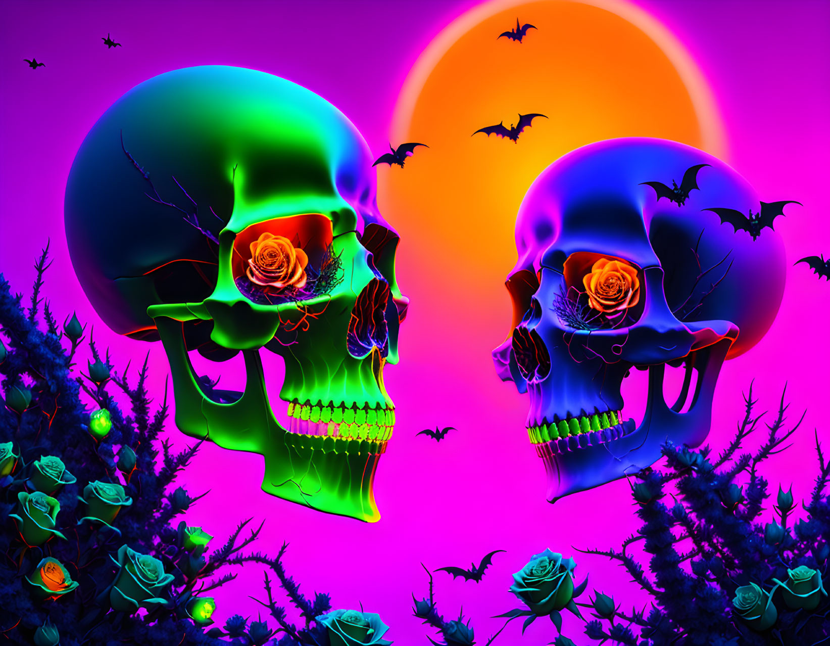 Neon-colored skulls with roses on vibrant purple background