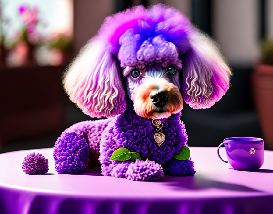 Purple poodle with fluffy coat next to matching teacup and heart-shaped tag