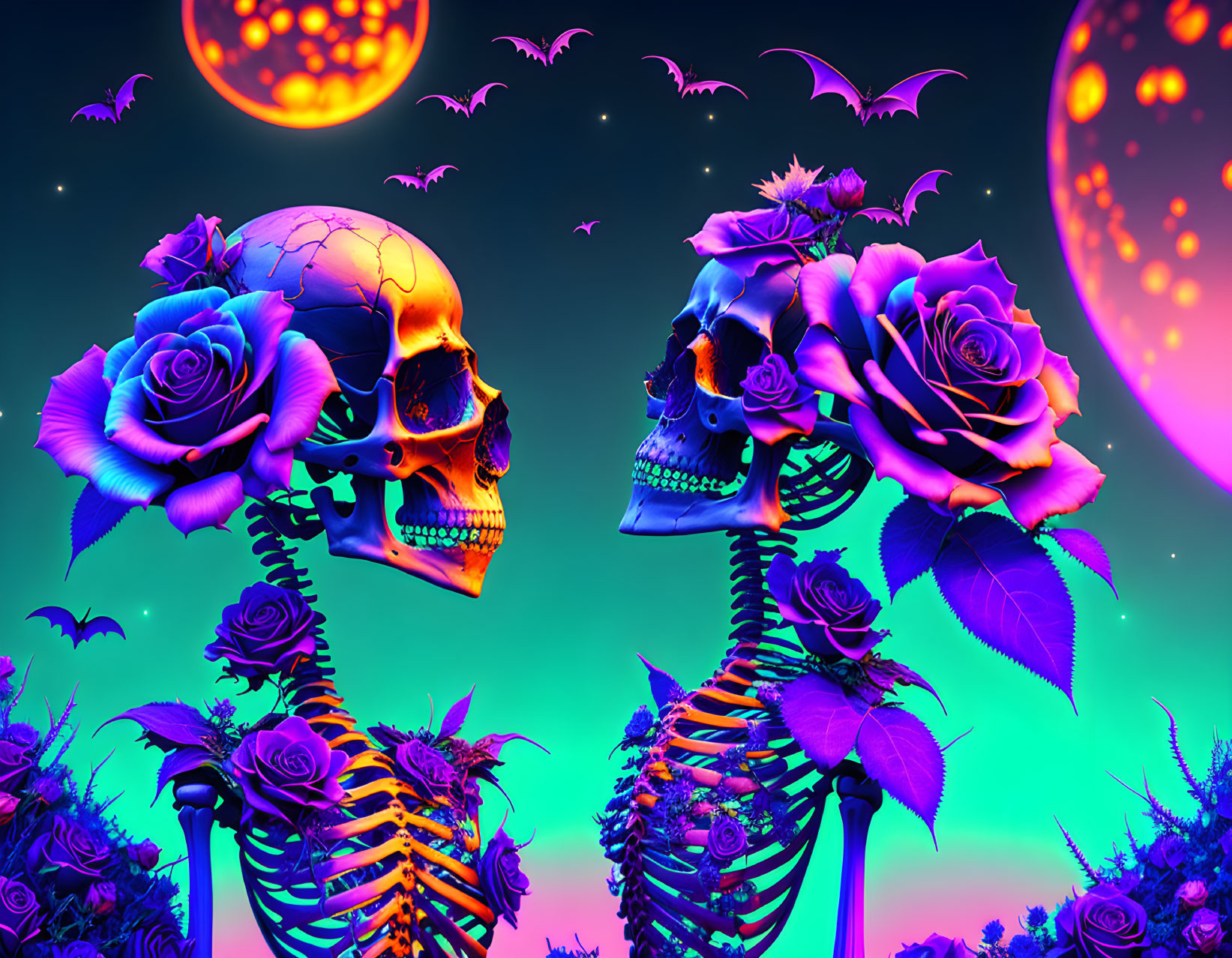 Colorful skeletal figures with rose-adorned skulls in neon-lit scene with bats and planets