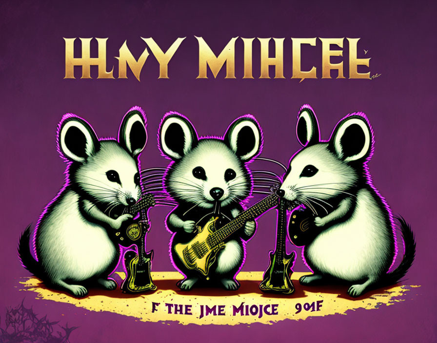 Cartoon mice band with singer, guitar, and bass on purple background with Greek text