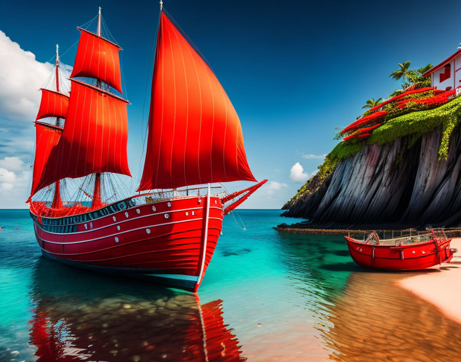 Red-sailed ship near tropical beach with clear skies and lush cliffs