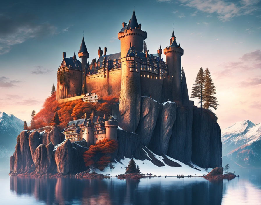 Majestic castle on cliff with mountain backdrop and serene dawn sky