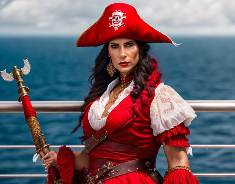 Woman in pirate costume on ship with red hat and weapon by blue sea