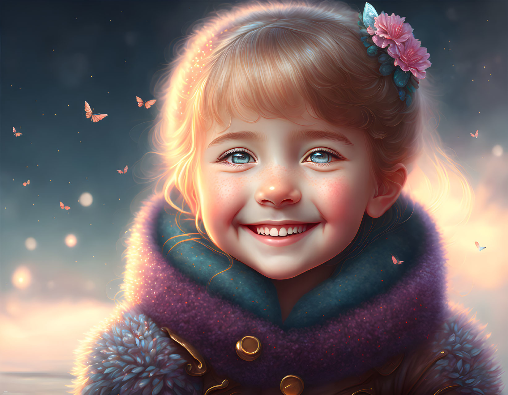 Digital illustration: Joyful girl with blue eyes, cozy scarf, butterflies, and glowing ambiance.