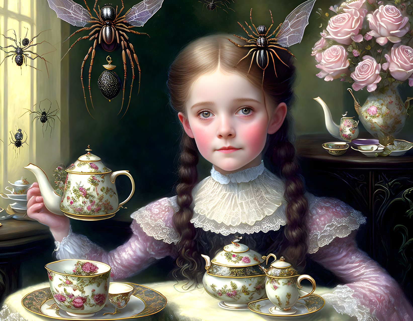 Girl with braided hair pours tea among intricate spider-like creatures in lacy dress