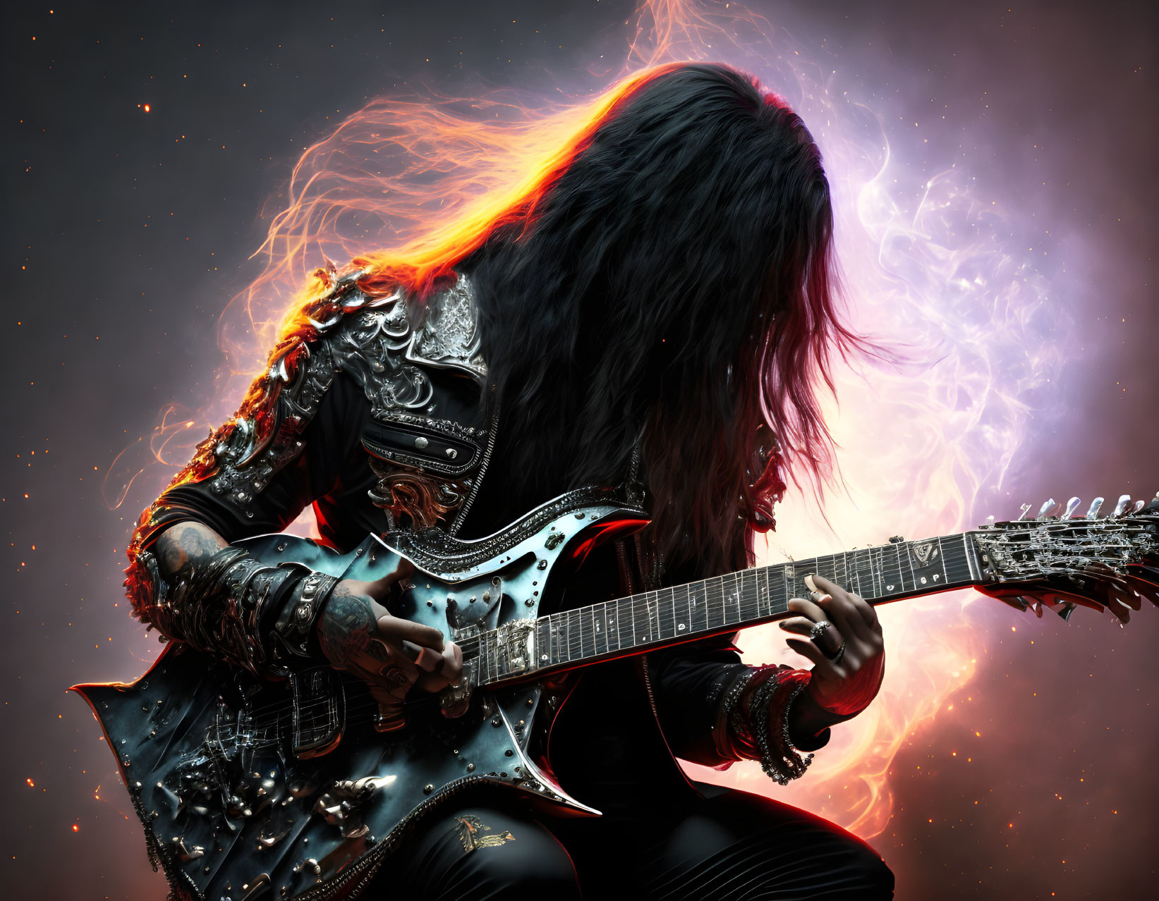 Long-haired musician playing electric guitar in fiery cosmic setting