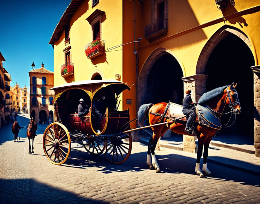 Historic yellow buildings and archways frame a horse-drawn carriage in a sunny cobblestone square