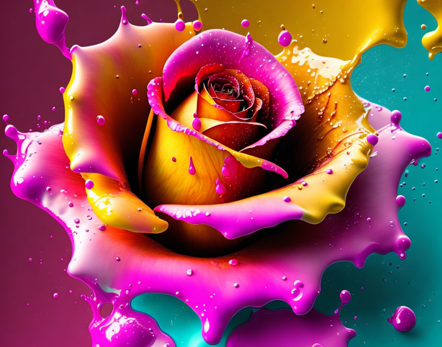 Colorful rose surrounded by swirling yellow and pink paint on purple background