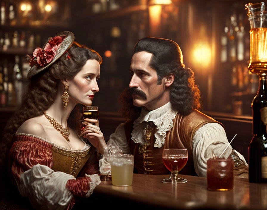 Man and woman in historical costumes sharing intense eye contact at a vintage bar.