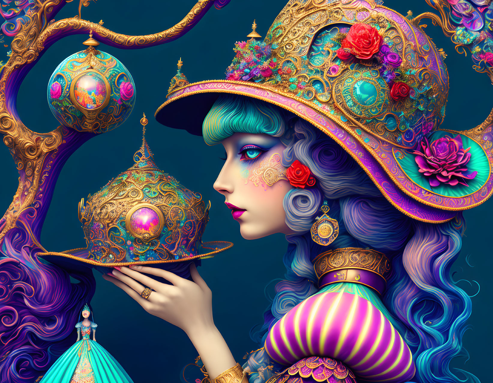 Colorful illustration of woman with blue hair, ornate hat, roses, and mystical orb