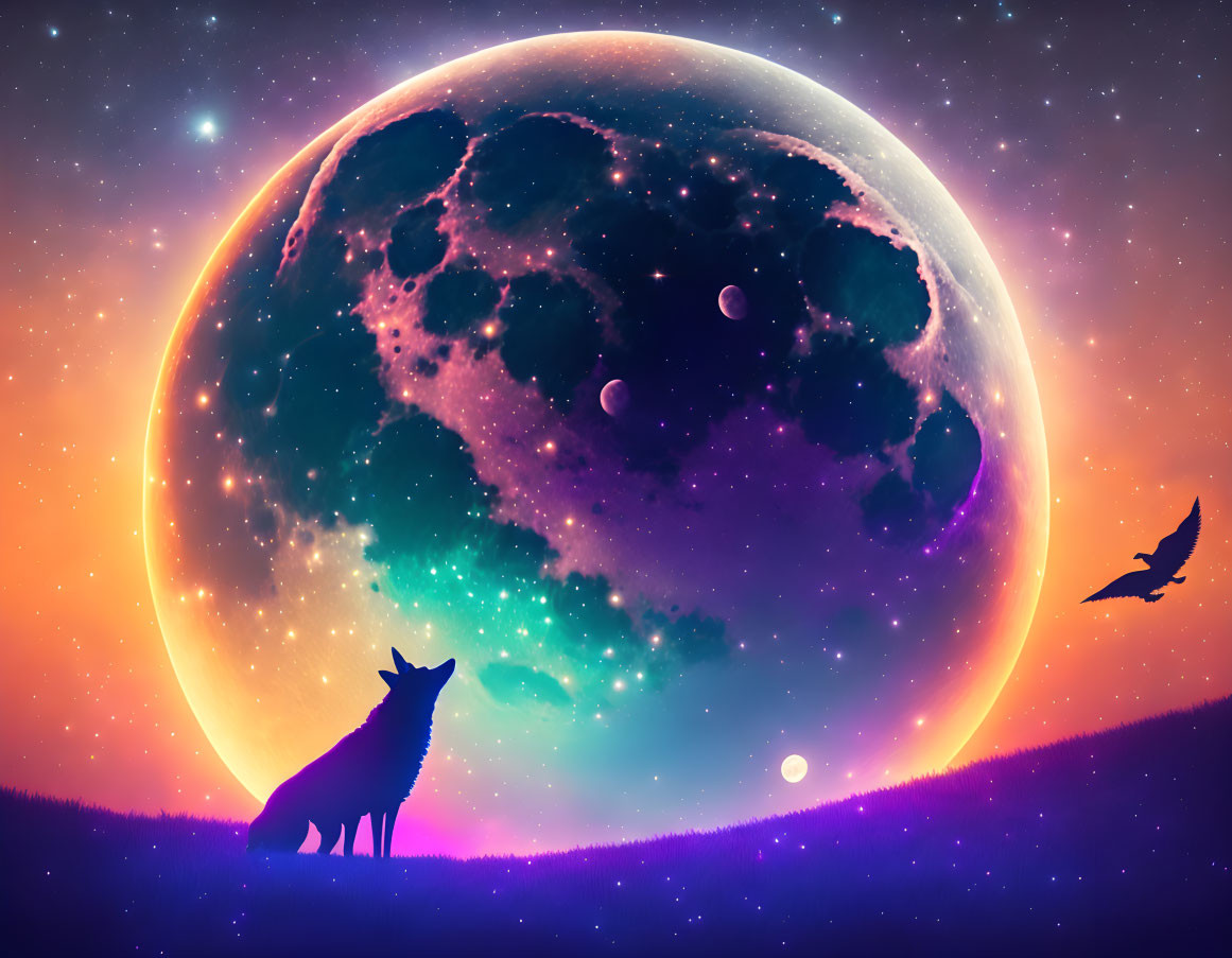 Silhouette of howling wolf on hill with vibrant celestial body in purple and orange starry sky