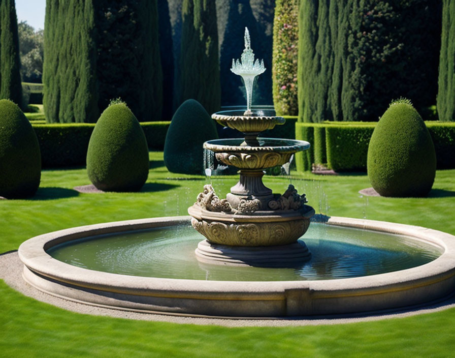 Tiered Fountain in Circular Pond with Manicured Greenery