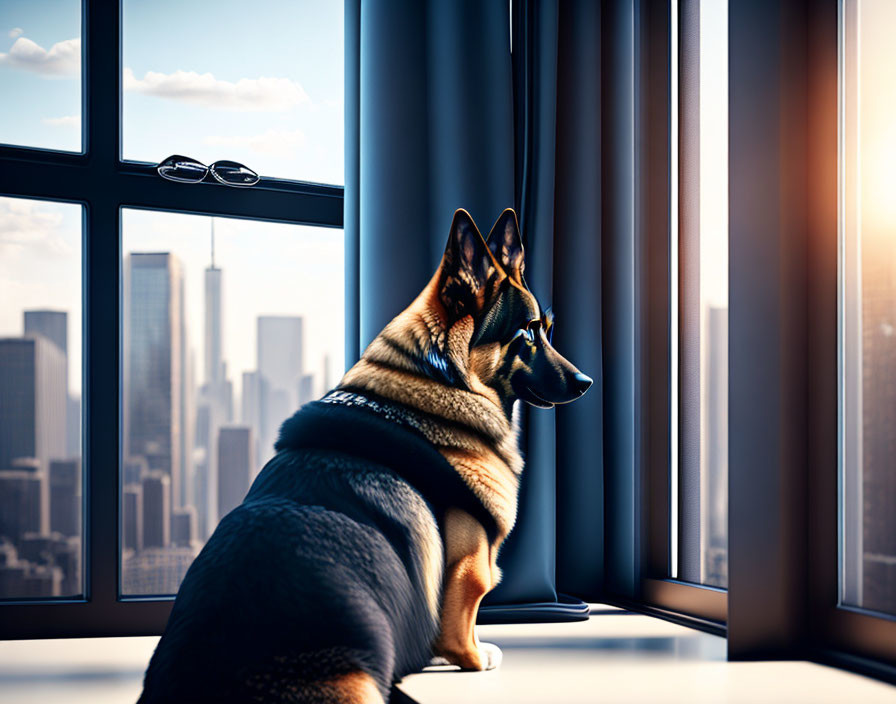 German Shepherd Dog Sitting by City Window with Sunglasses