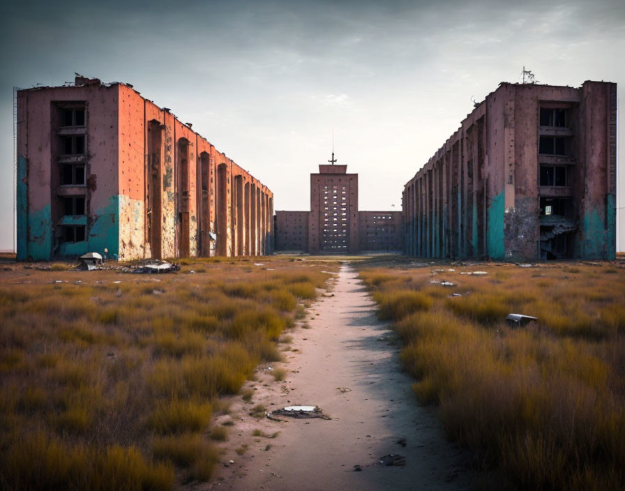 Abandoned path with dilapidated multi-story buildings under dusk sky