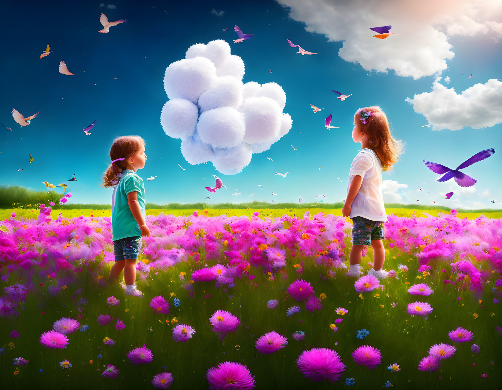 Children in flower field with paw print cloud and birds under blue sky