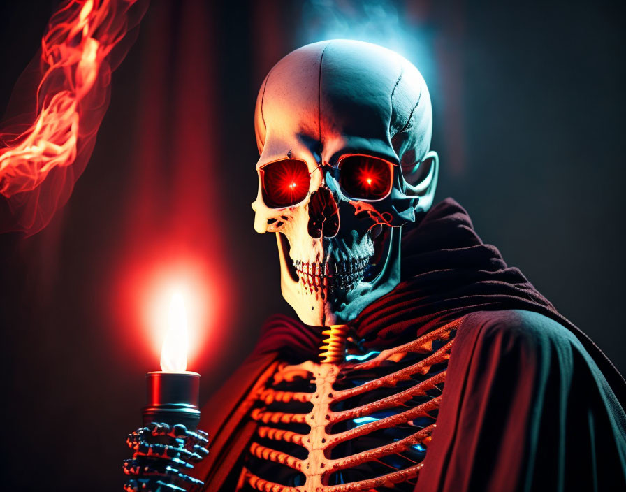 Person in Skeleton Makeup Holding Candle with Red Glowing Eyes