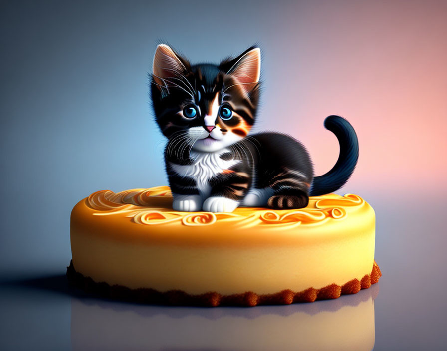 Adorable black and white kitten on orange cake against gradient backdrop