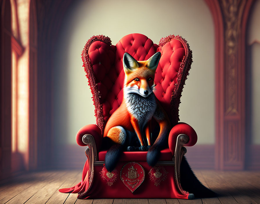 Regal Fox Seated on Red Throne in Elegant Room