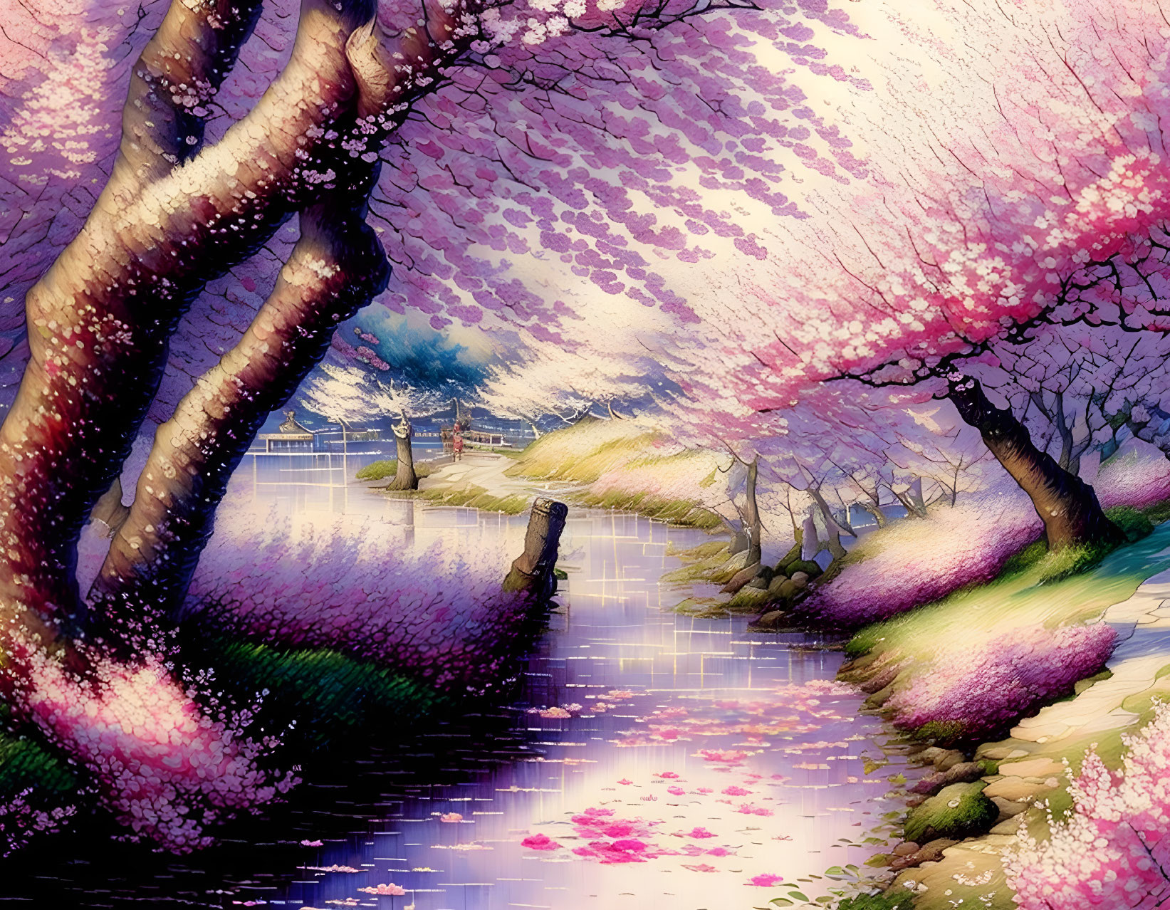 Serene river path with cherry trees and bridge in digital art