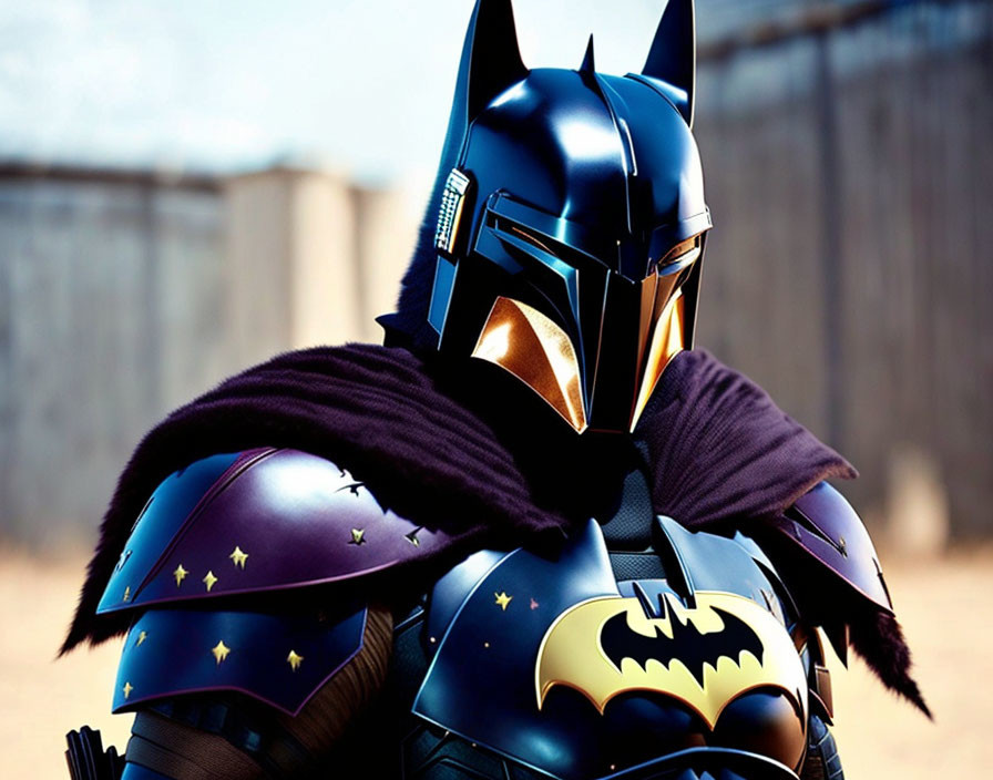 Stylized samurai-inspired Batman costume with helmet, armor, and star cape