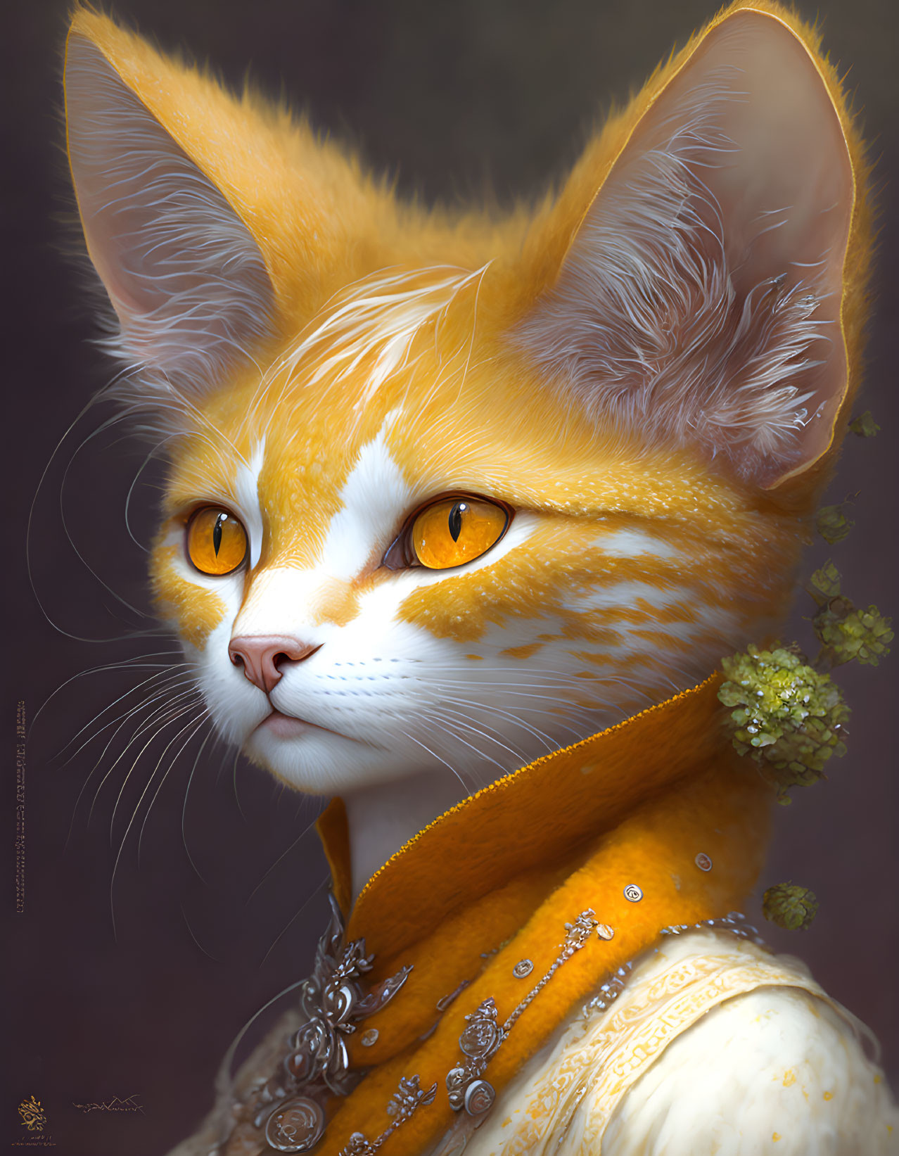 Anthropomorphic Cat with Amber Eyes in Ornate Attire