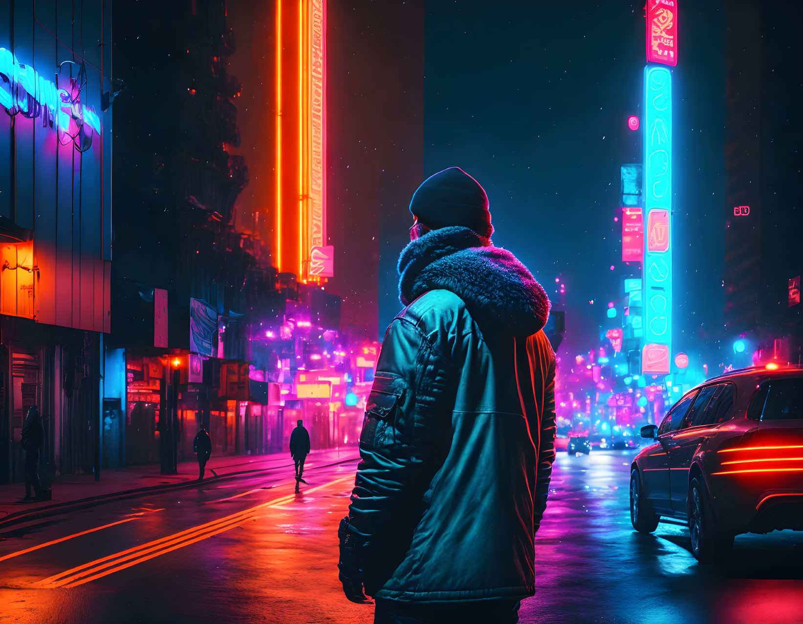 Winter jacket person on neon-lit city street at night