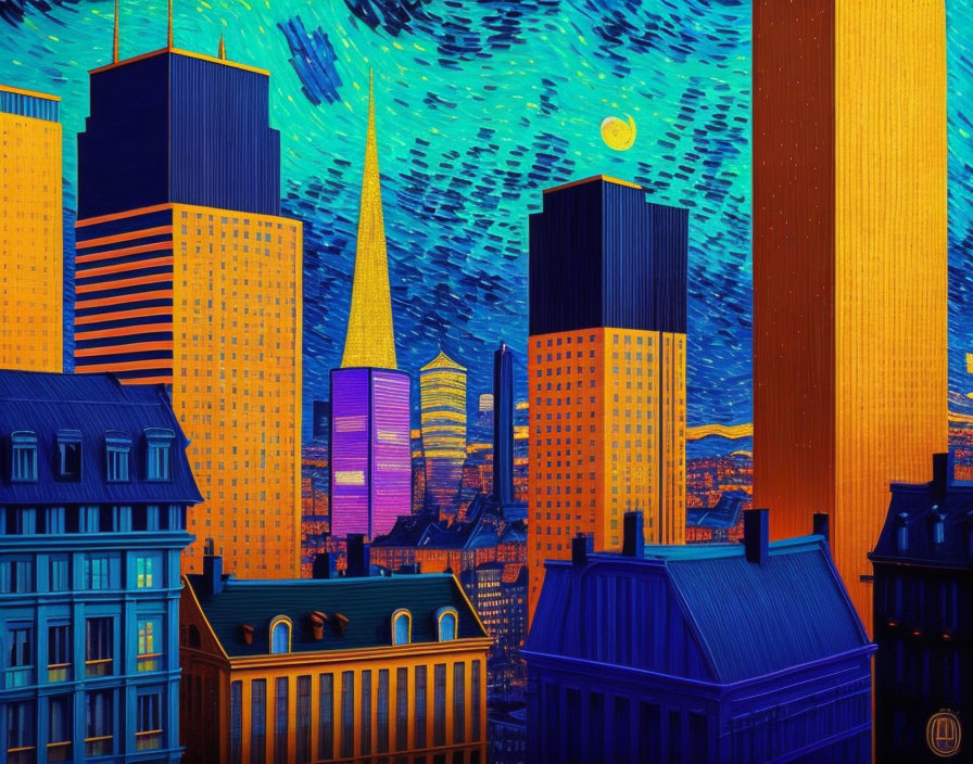 Colorful stylized cityscape with swirling starry sky reminiscent of Van Gogh.