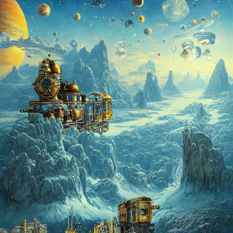 Steampunk-style flying train amidst rocky peaks and celestial bodies