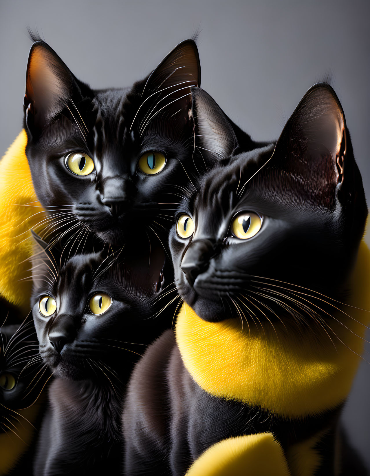 Three Black Cats with Yellow Collars and Yellow Eyes on Grey Background