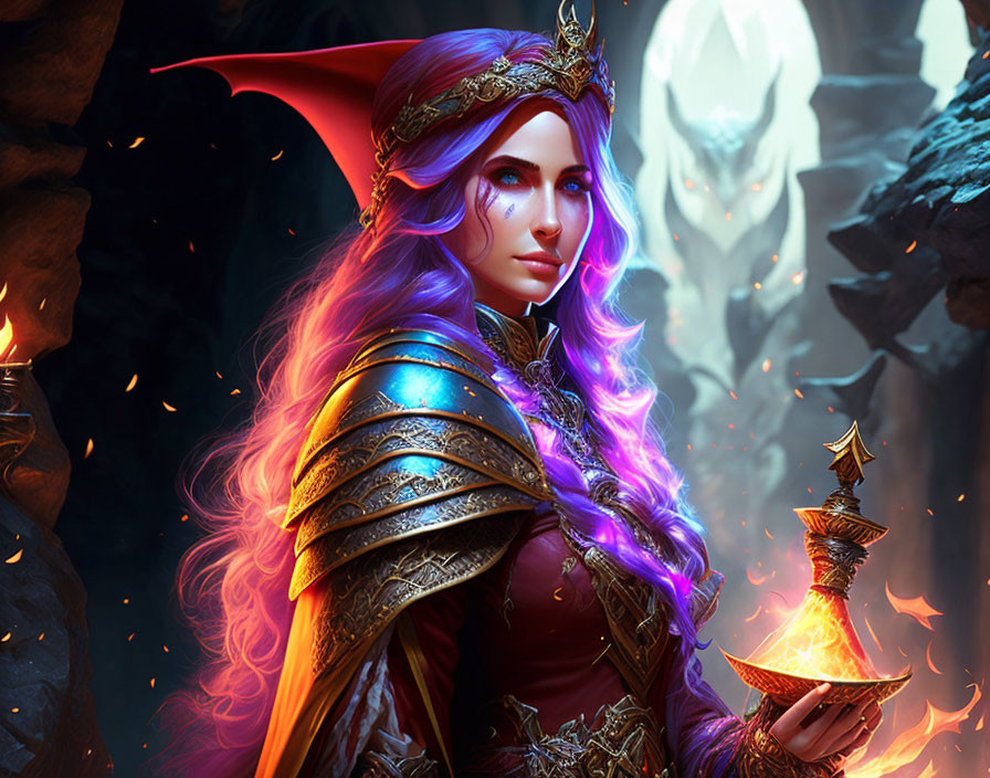 Fantasy illustration of woman with purple hair in golden armor, crown, holding magical object, surrounded by