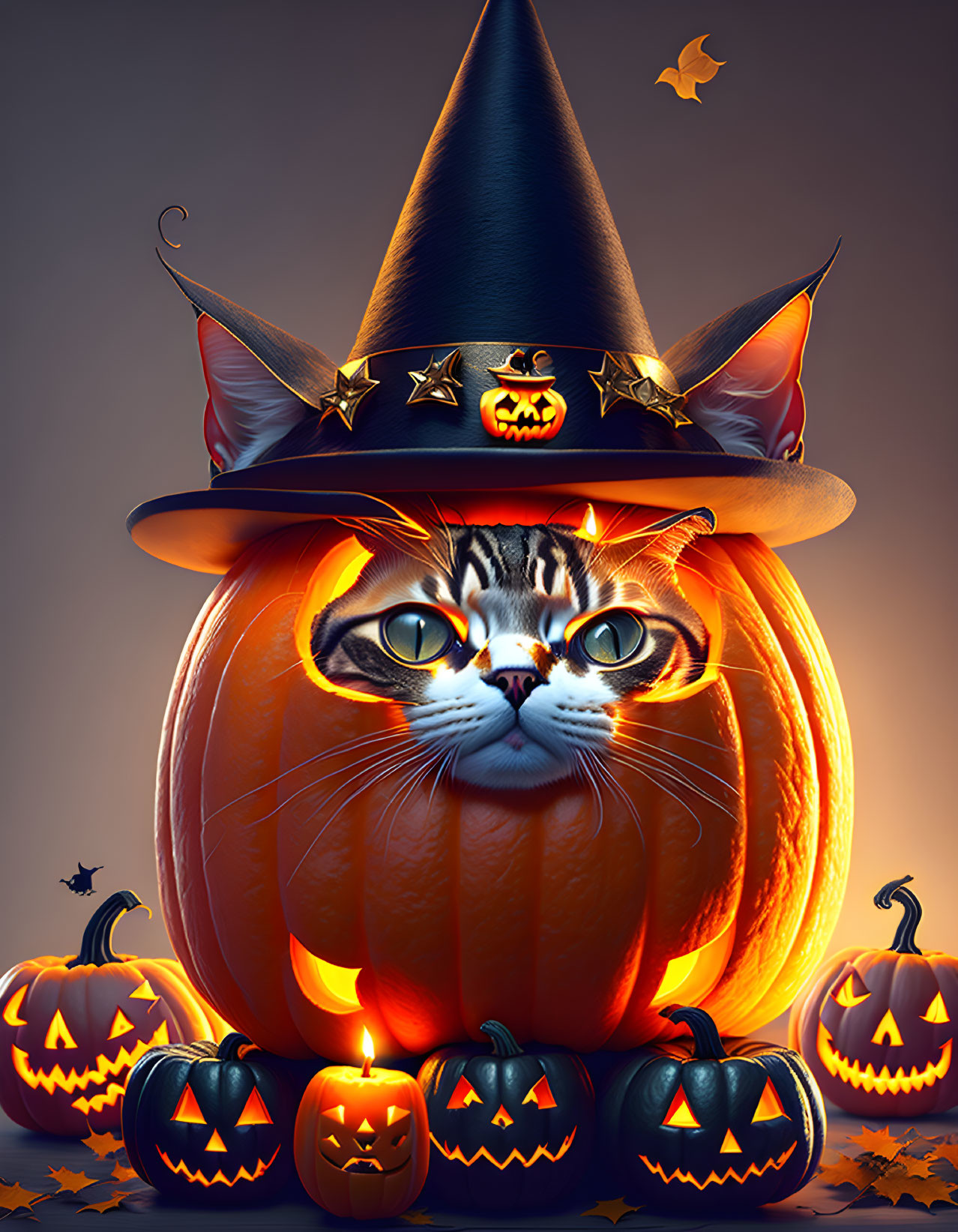 Whimsical Halloween Cat Illustration with Pumpkin and Witch Hat