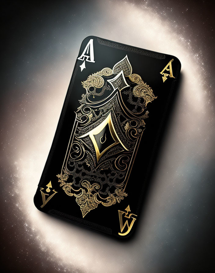 Intricate Black and Gold Ace of Spades Card on Cosmic Background